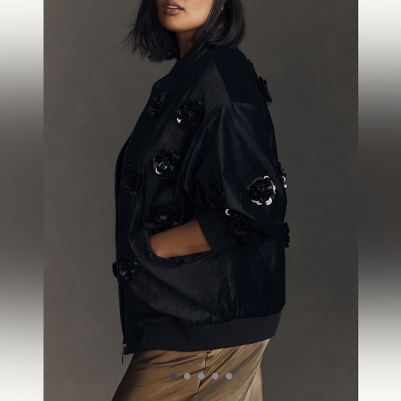 Anthropologie Velvet Floral Embroidered Bomber Jacket Black by Eva Franco - Picture 2 of 7
